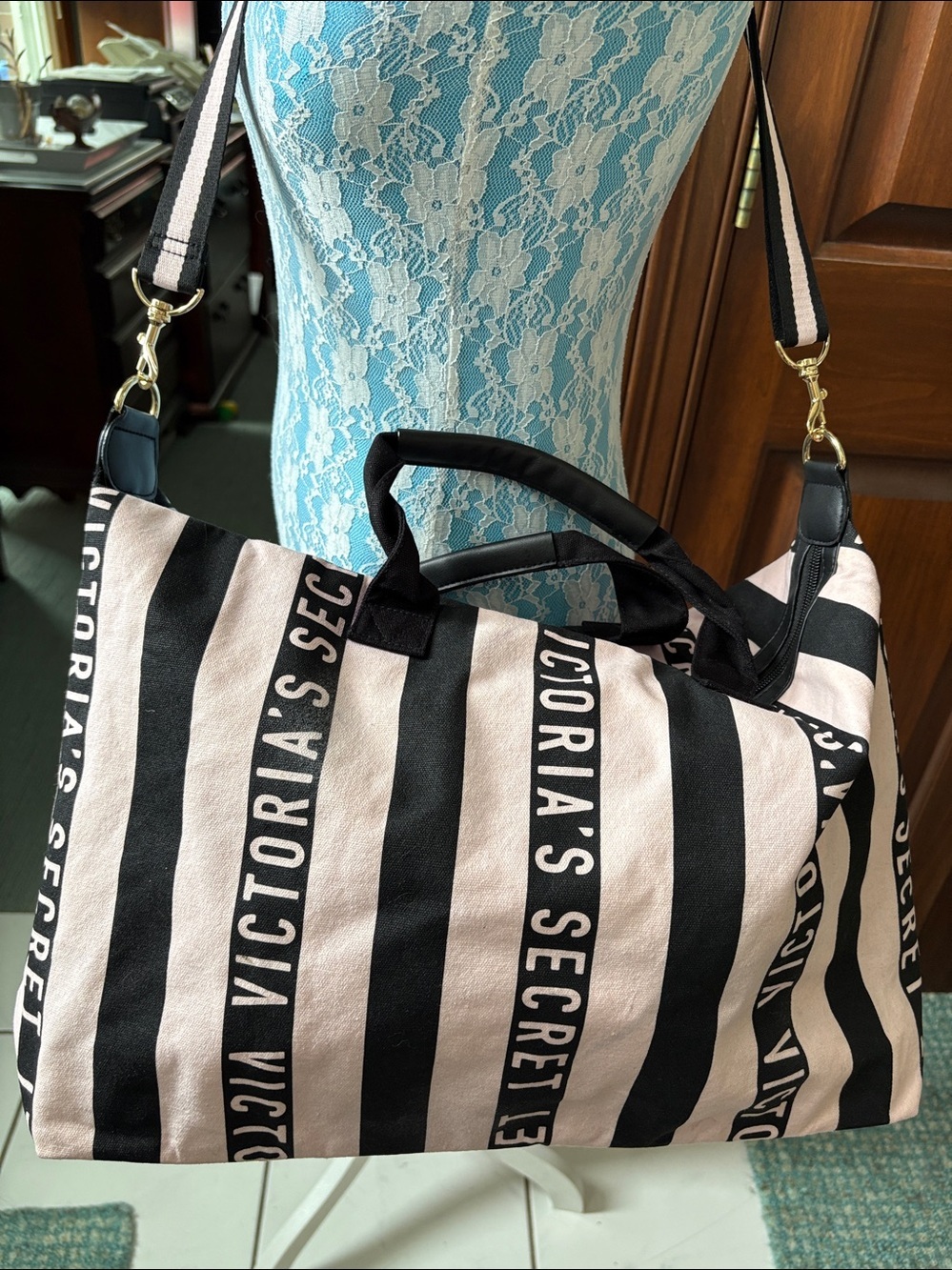 Victoria's Secret  weekender bag  Pink  Black Striped Travel Tote /striped strap